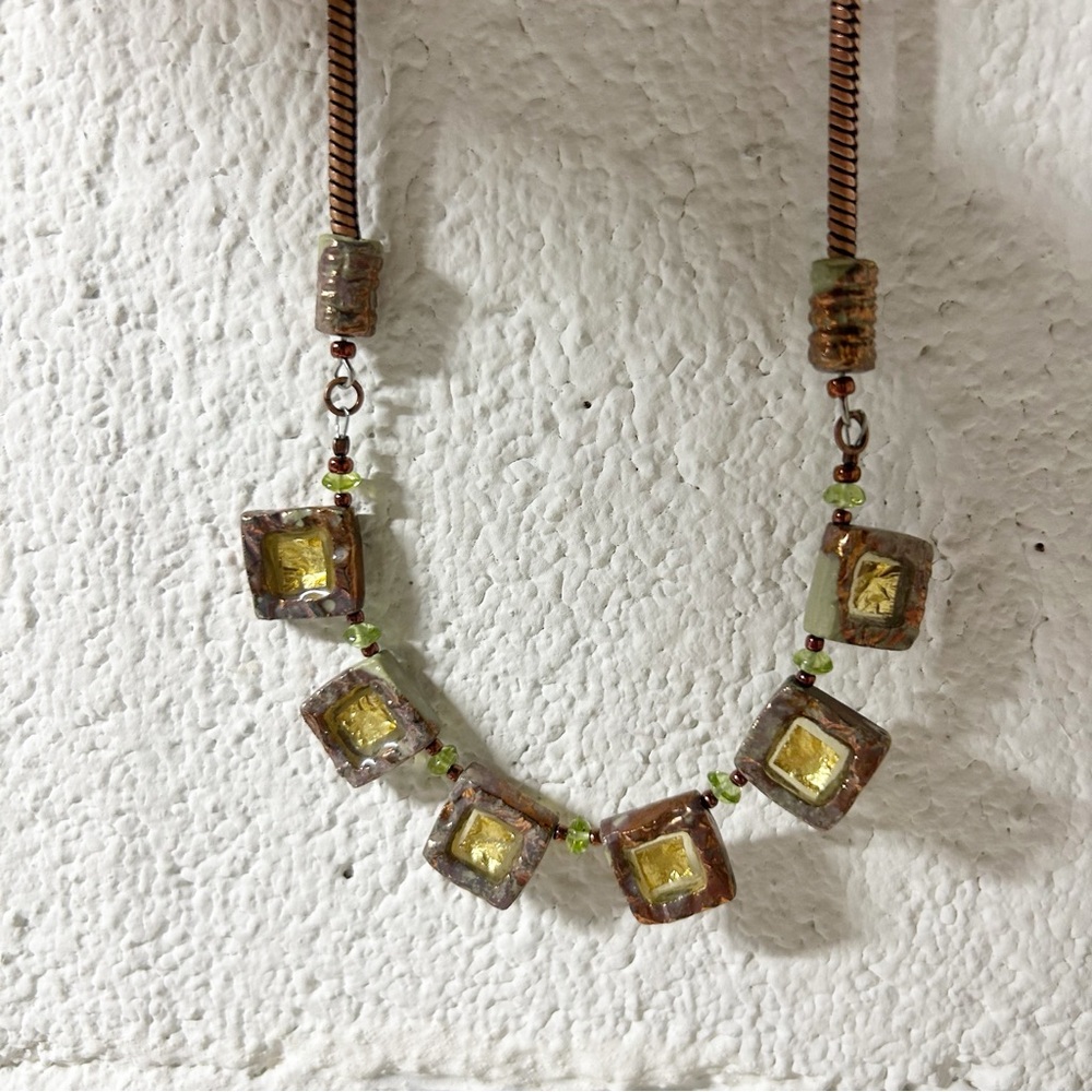 VTG Necklace Brass Copper With Square Beads Gold Green Undertones 17.5” Length